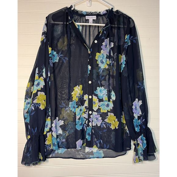 Susan Graver Tops - Susan Graver Women's Blue Floral Sheer Button Up Blouse 2 Bloom Core Feminine